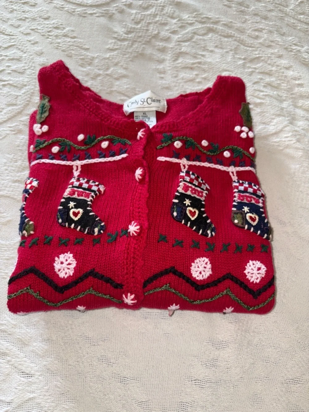Vintage Carly St. Claire Red Holiday Embroidered Cardigan Sweater XL